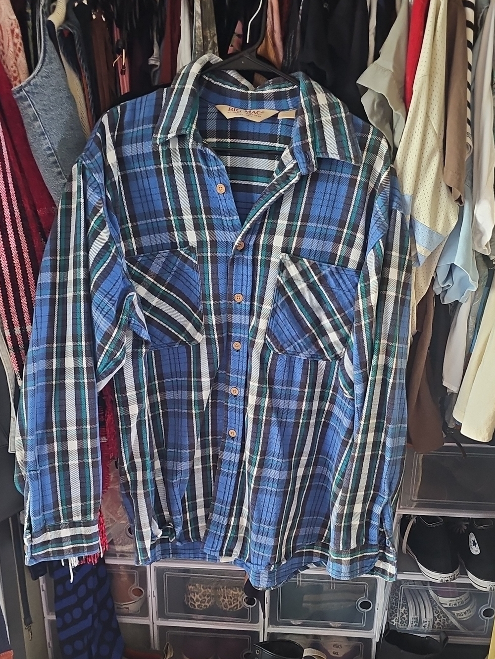 Men's Blue Vintage Plaid Button-Down Shirt - Casual Long Sleeve